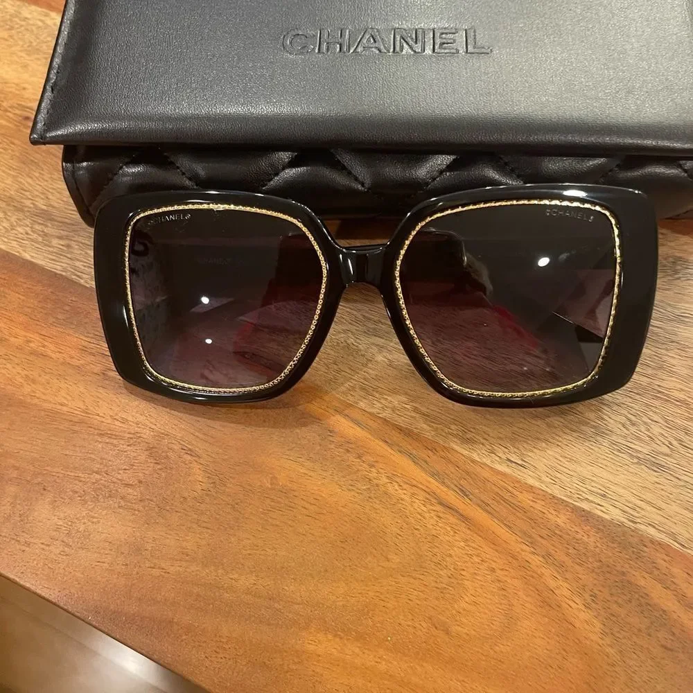 CHANEL Black and Gold Square Sunglasses New